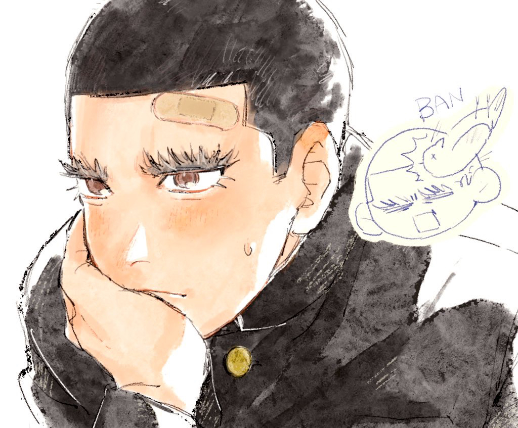 1boy, alone_enen, azuma_masaki, bandaid, bandaid_on_face, bandaid_on_forehead, black_hair, brown_eyes