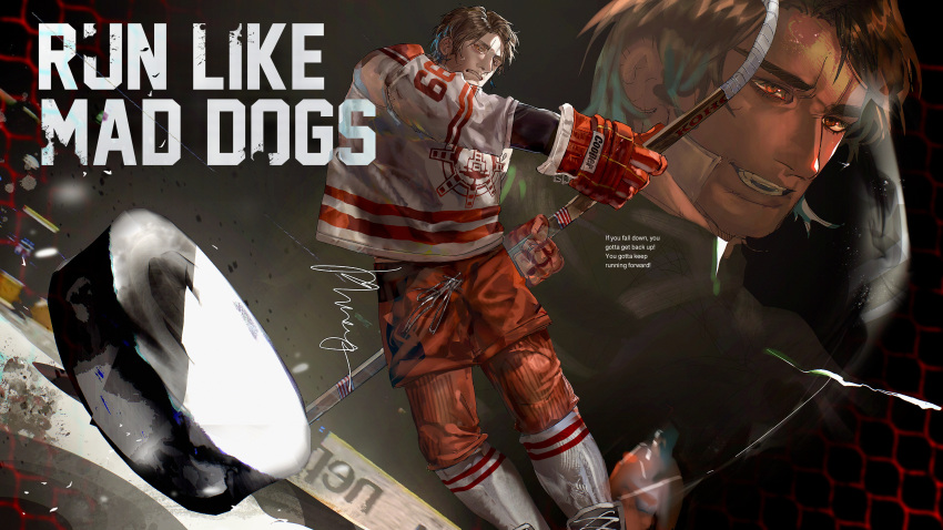 absurdres, bandage_on_cheek, brown_hair, dogsred, english_text, gloves, highres, hockey_puck, hockey_stick, ice_hockey, male_focus, red_eyes, red_gloves, rhino_soup, shirakawa_rou, sportswear