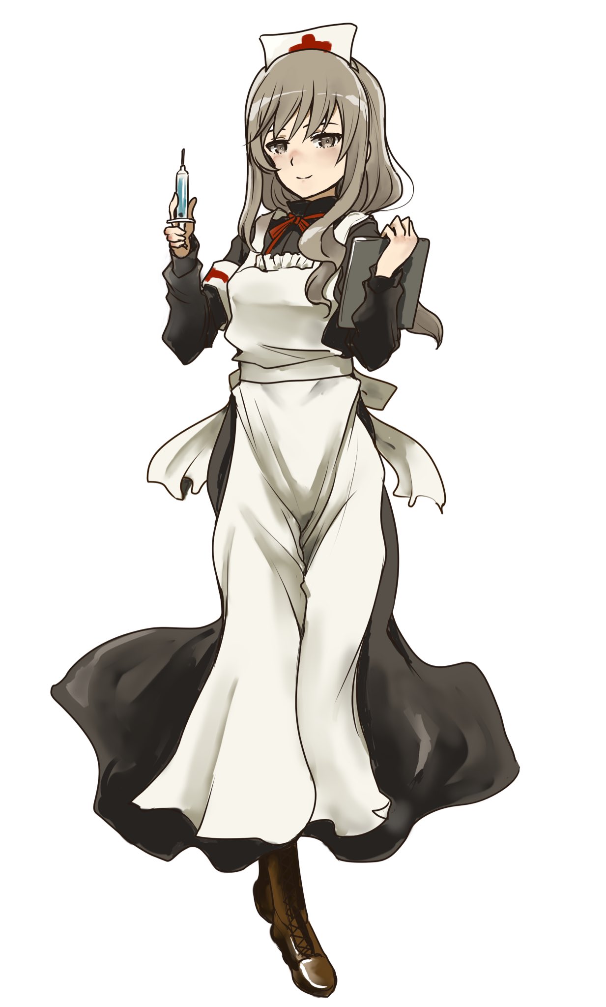 1girl, alternate_costume, boots, brown_boots, brown_eyes, full_body, girls_und_panzer, grey_hair