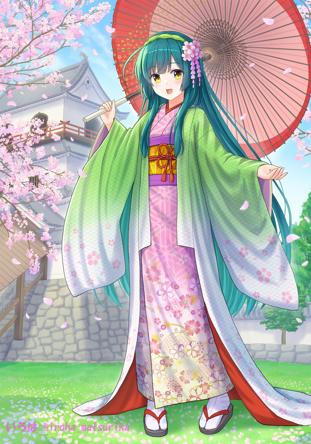 1girl, :d, black_sandals, blue_sky, branch, cherry_blossoms, clouds, commentary_request