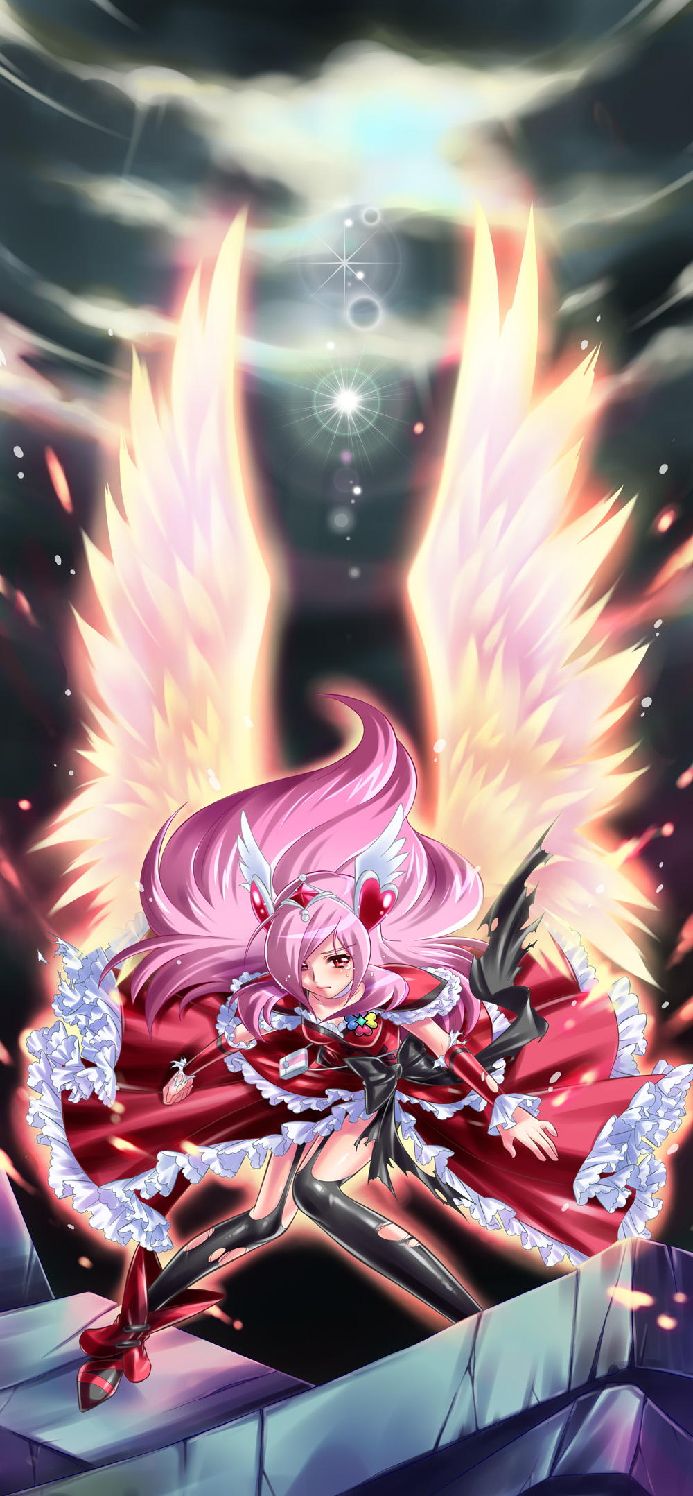 angel_wings, bad_id, black_legwear, cloud, cloudy_sky, cure_angel, cure_passion, dress