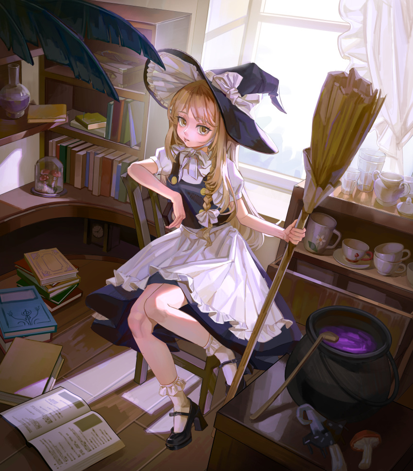 1girl, absurdres, analog_clock, apron, arm_rest, bing_guo, black_hat, black_shoes