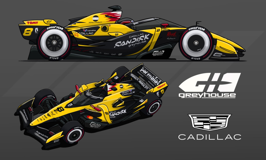 budweiser, cadillac, car, english_commentary, formula_one, formula_racer, goodyear, grey_background