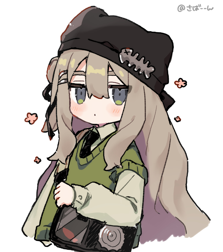 1girl, akikan_sabako, animal_hat, bag, black_hat, black_necktie, blush, brown_hair