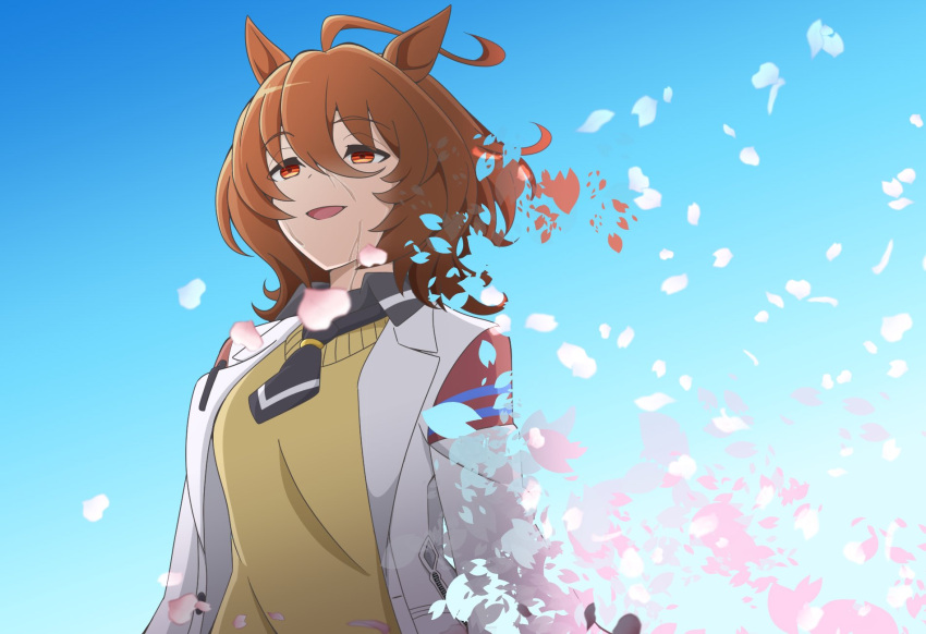1girl, agnes_tachyon_(tach-nology)_(umamusume), agnes_tachyon_(umamusume), ahoge, animal_ears, black_necktie, breasts, brown_hair