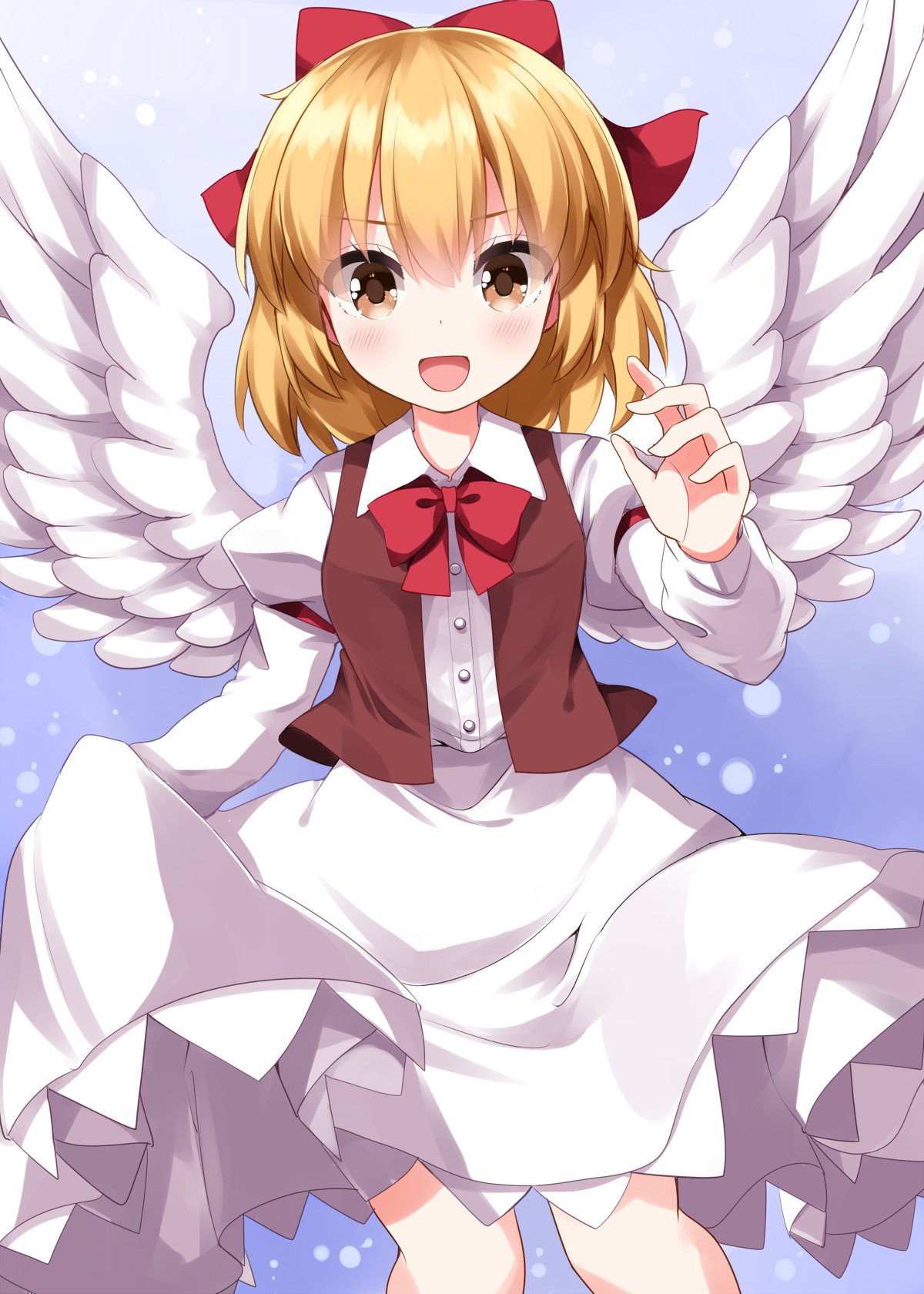 1girl, angel_wings, blonde_hair, blush, bow, bowtie, breasts, brown_vest