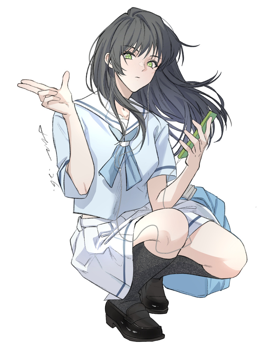 1girl, absurdres, bag, bang_dream!, bang_dream!_it's_mygo!!!!!, black_hair, black_shoes, black_socks, blue_bag, blue_neckerchief, blue_shirt, chinese_commentary, closed_mouth, commentary_request, green_eyes, hanasakigawa_school_uniform, hand_up, hero45439083942, highres, loafers, long_hair, neckerchief, original, pleated_skirt, sailor_collar, school_uniform, shirt, shoes, short_hair, simple_background, skirt, socks, solo, squatting, white_background, white_sailor_collar, white_skirt, yahata_riko