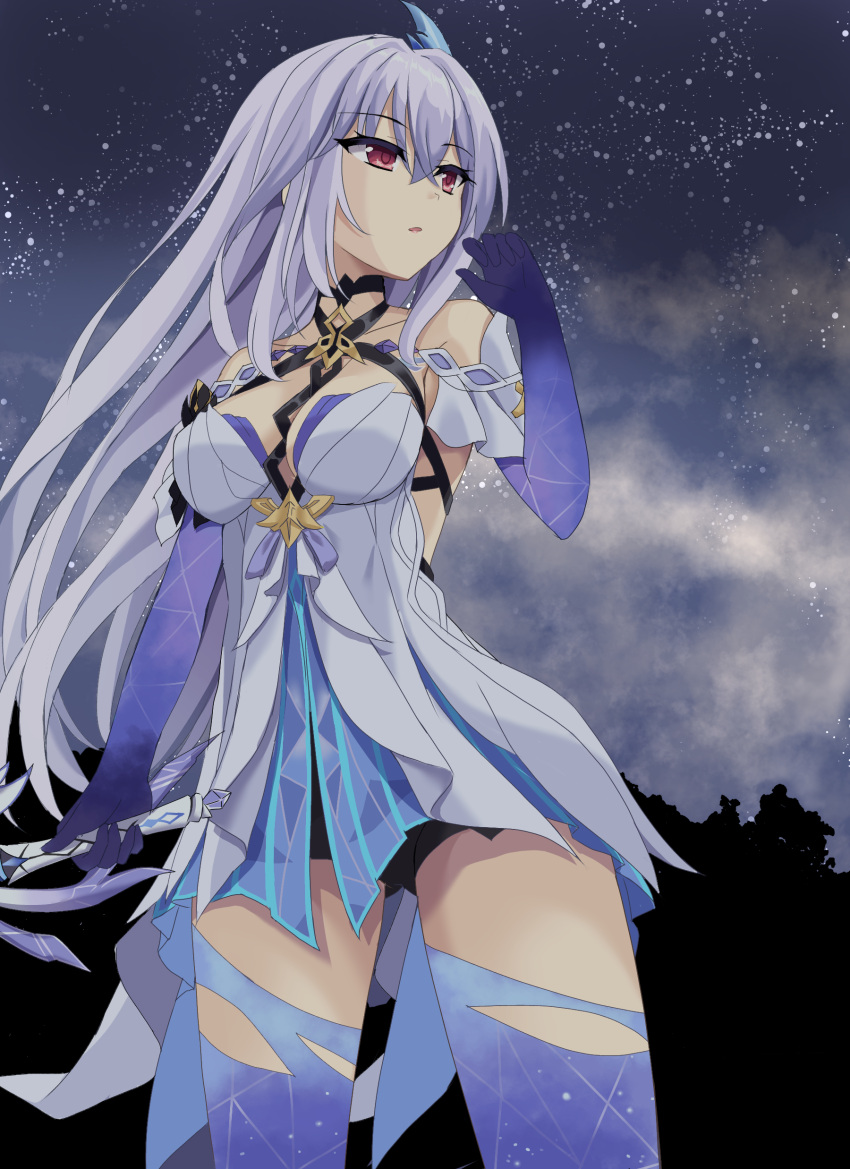 1girl, absurdres, blush, breasts, commentary_request, detached_sleeves, dress, genshin_impact