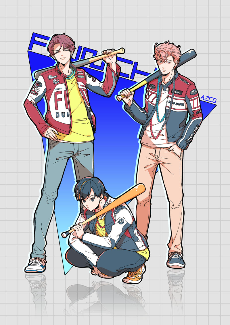 3boys, azco_azconia, baseball_bat, black_hair, chain, full_body, hand_in_pocket, holding