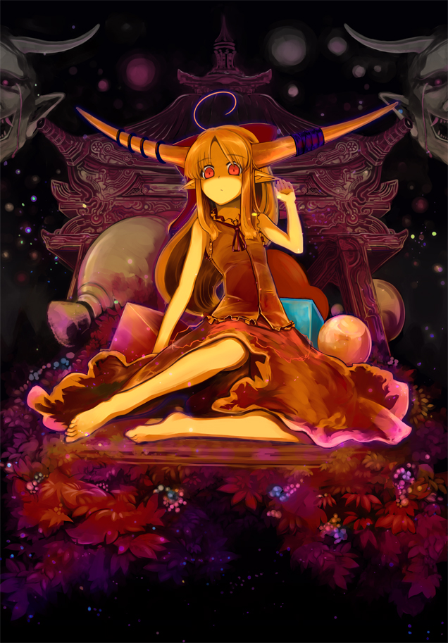 ahoge, bad_id, barefoot, dark, dress, feet, flower, horns, ibuki_suika, leaf, oni, orange_hair, pointy_ears, red_eyes, sitting, skirt, skirt_set, sleeveless, sleeveless_shirt, solo, temple, touhou, virus_(obsession), yellow_skin