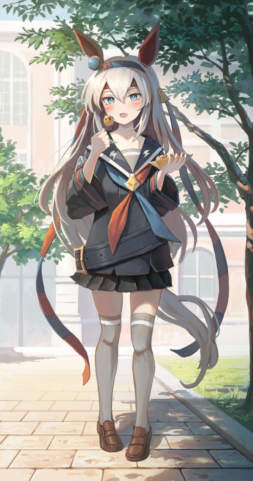 1girl, absurdres, animal_ears, arched_window, belt, belt_buckle, black_belt, blue_eyes