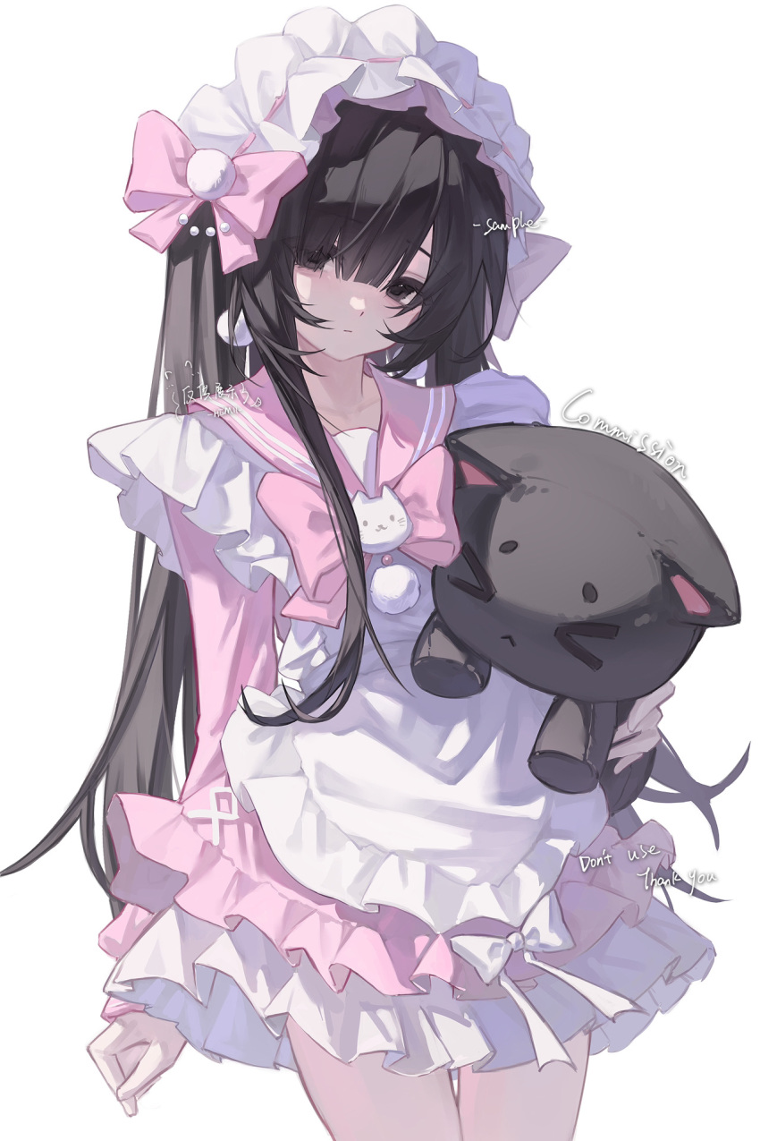 1girl, apron, black_eyes, black_hair, bow, bowtie, chinese_commentary, commentary_request, commission, cowboy_shot, dress, dress_bow, expressionless, hair_bow, hair_over_one_eye, hairband, hemii, highres, holding, holding_stuffed_toy, lolita_hairband, long_hair, long_single_sidelock, long_sleeves, looking_at_viewer, original, petticoat, pink_bow, pink_bowtie, pink_dress, pink_sailor_collar, sailor_collar, sidelocks, simple_background, solo, stuffed_animal, stuffed_cat, stuffed_toy, watermark, white_apron, white_background, white_bow