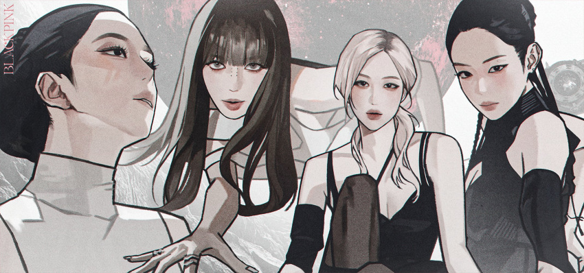 4girls, black_eyeliner, black_hair, blackpink, blonde_hair, blunt_bangs, brown_hair, closed_mouth, commentary, eyeliner, group_name, hair_bun, highres, jennie_(blackpink), jewelry, jisoo_(blackpink), k-pop, lisa_(blackpink), long_hair, lttidfc, makeup, mascara, mole, multiple_girls, parted_lips, pink_lips, ponytail, ring, rose_(blackpink), sleeveless, turtleneck