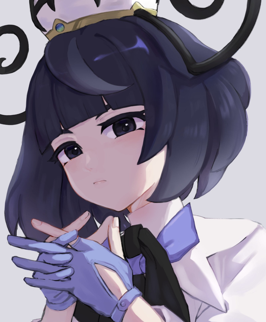 1girl, black_eyes, black_hair, blue_gloves, blunt_bangs, bob_cut, closed_mouth, coat