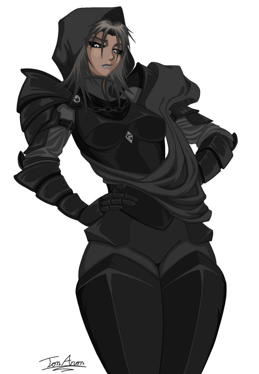 1girl, adventurequest, adventurequest_worlds, armor, artix_entertainment, black_armor, black_hair, black_sclera