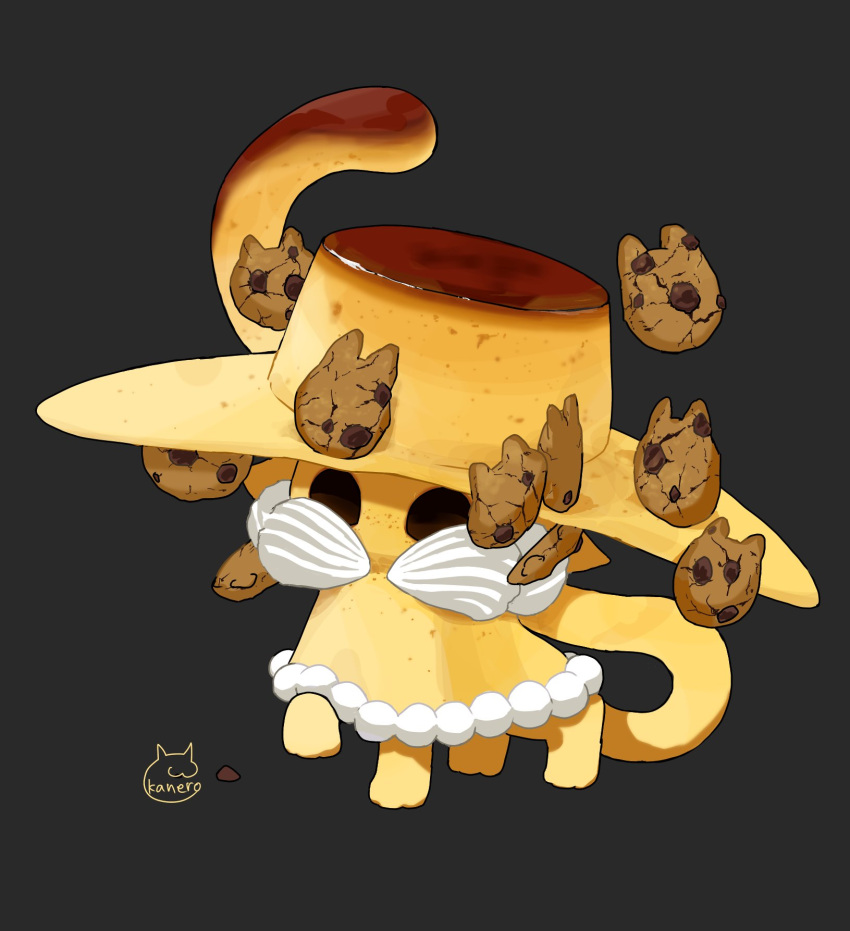 artist_name, black_background, cat, chocolate_chip_cookie, commentary_request, cookie, creature, creature_focus