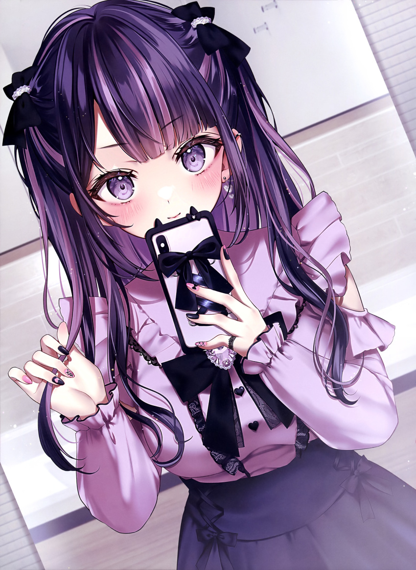 1girl, absurdres, black_bow, black_hair, black_nails, black_skirt, blouse, blush