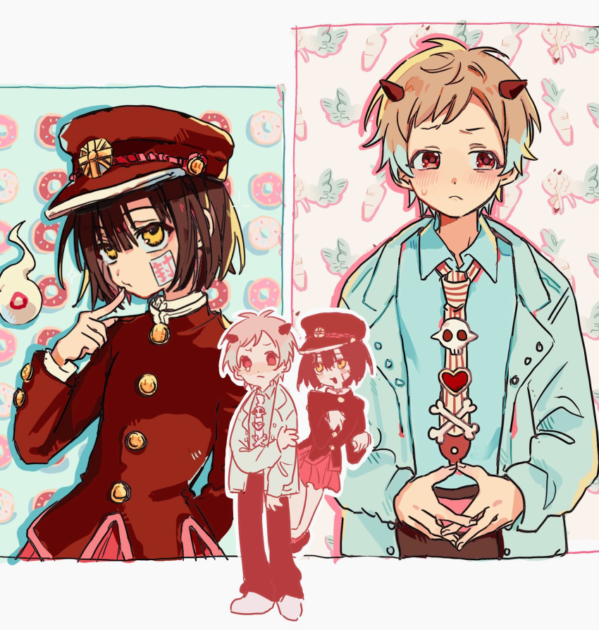 1boy, 1girl, black_hair, black_hat, black_pants, blush, brooch, collared_shirt