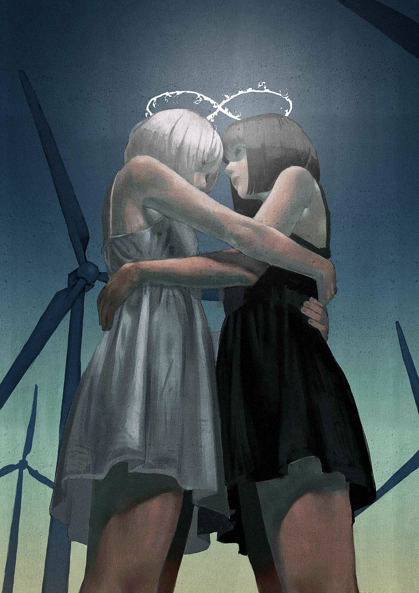 1girl, 2girls, absurdres, black_dress, black_hair, commentary, dress, from_below