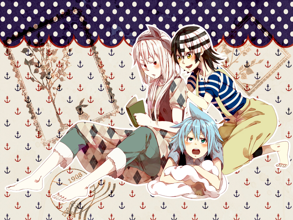black_star, blue_hair, death_the_kid, genderswap, pants, red_eyes, ribbon, soul_eater