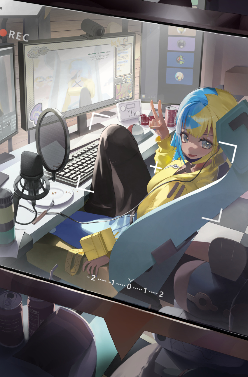 1girl, absurdres, bandeau, blonde_hair, blue_eyes, blue_hair, can, canari_(pokemon)