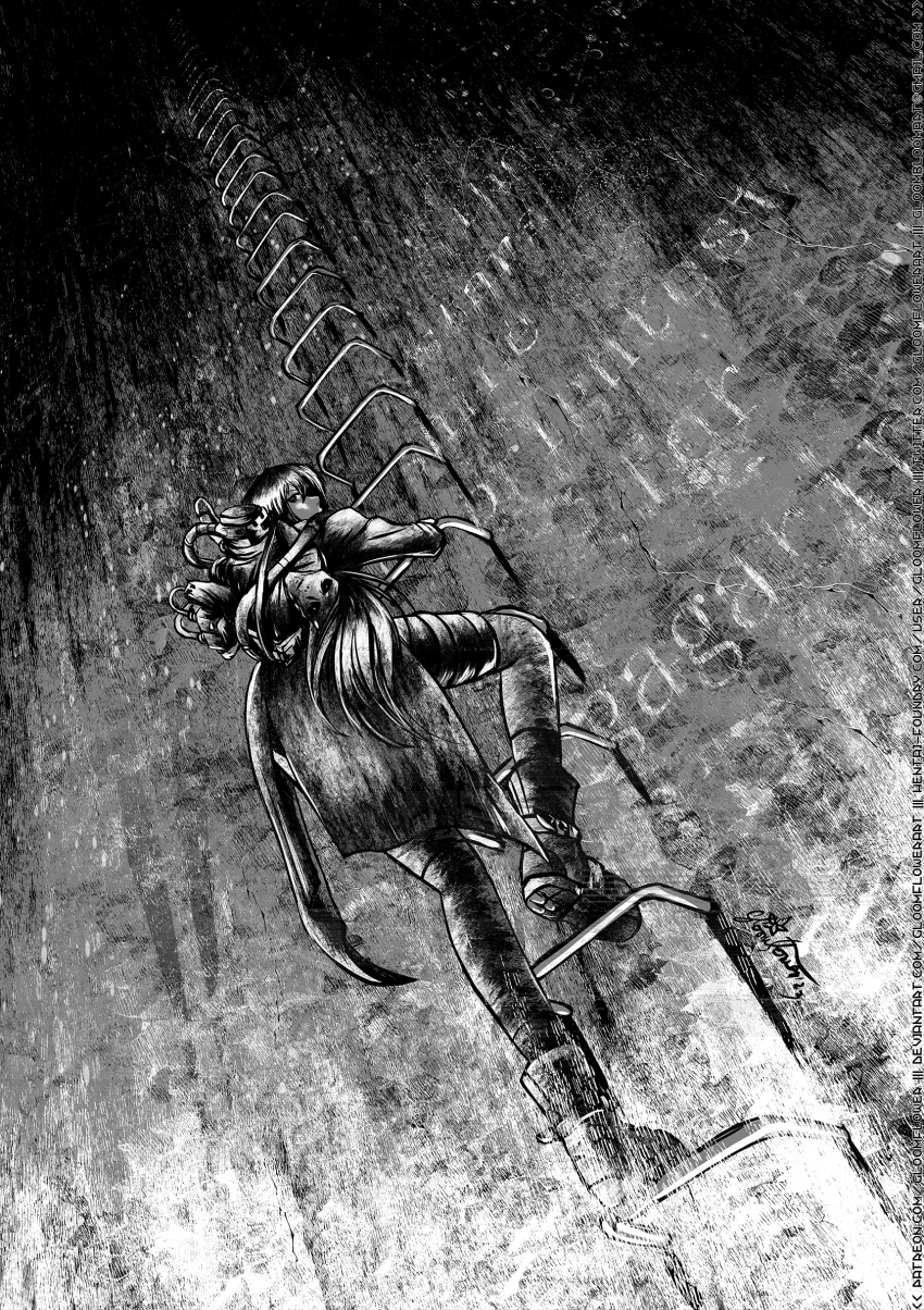 2girls, absurdres, amputee, black_sclera, carrying, carrying_person, climbing_ladder, coat