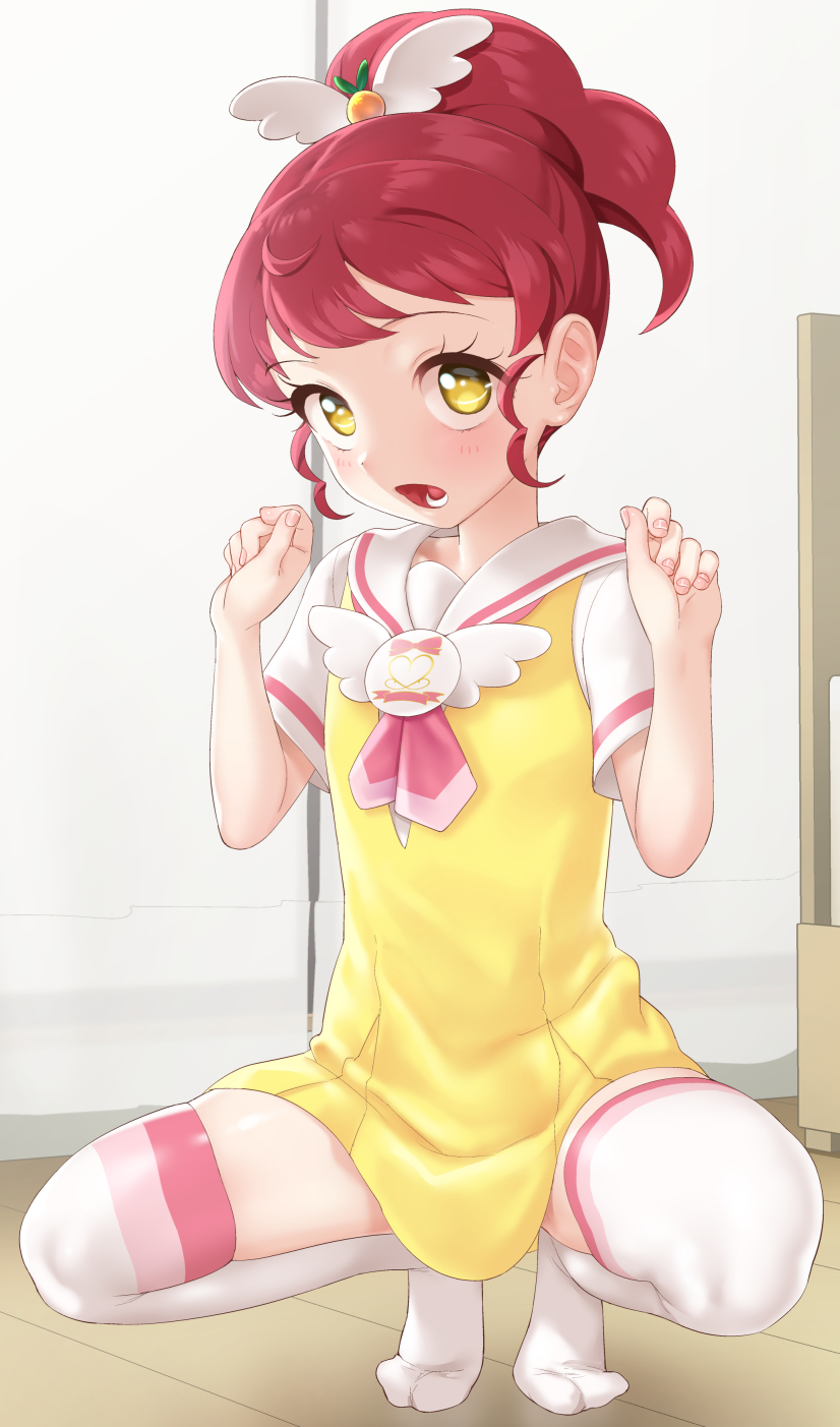 1girl, commentary_request, curly_sidelocks, dress, full_body, hands_up, highres, indoors