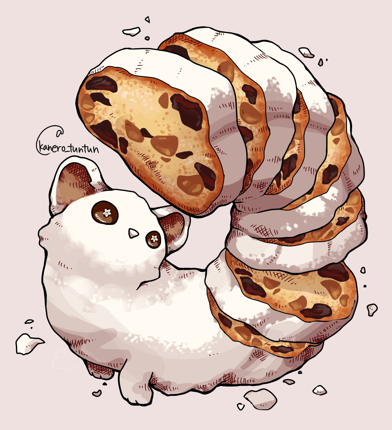 artist_name, brown_eyes, cake, cake_slice, commentary_request, creature, creature_focus, crumbs