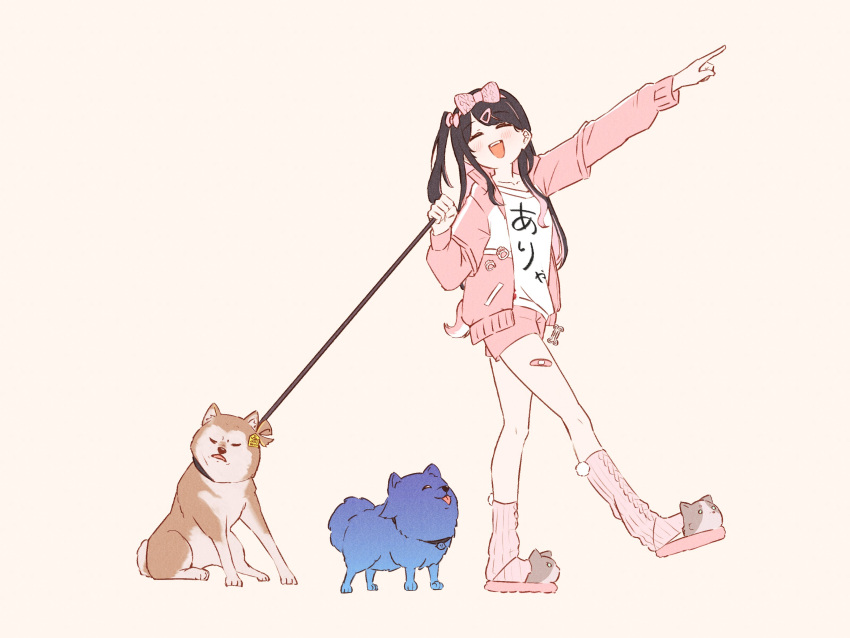 1girl, :d, absurdres, animal_slippers, animalization, blue_dog, blue_jacket, bow