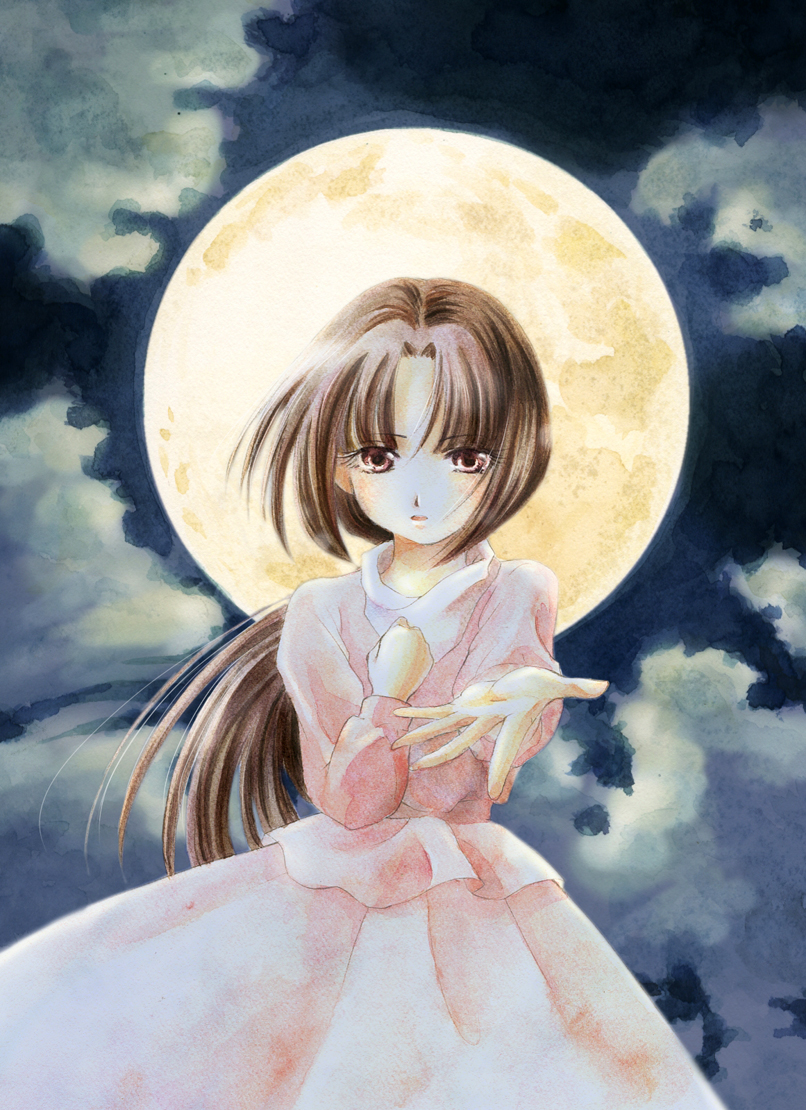 brown_hair, cloud, clouds, dress, faux_traditional_media, full_moon, green_eyes, gundam