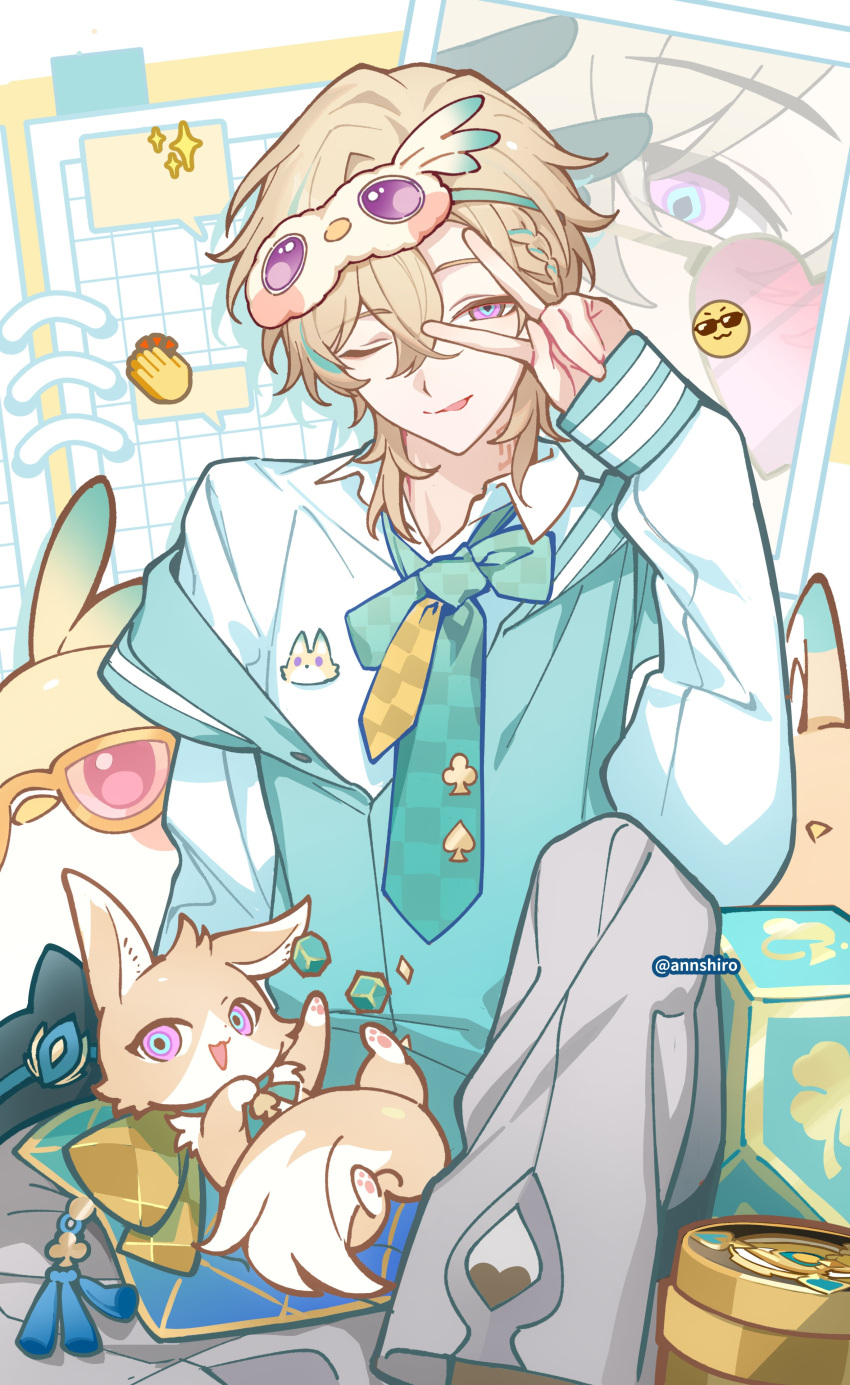 1boy, ;p, absurdres, animal, annshiro76, aventurine_(honkai:_star_rail), aventurine_(origami_bird)_(honkai:_star_rail), blonde_hair