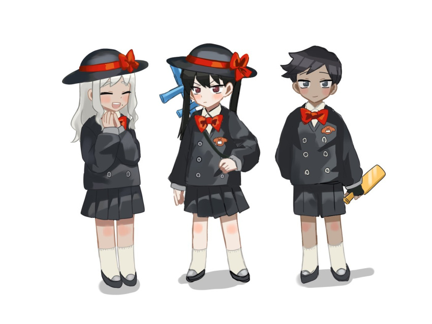 1other, 2girls, black_hair, black_jacket, black_shorts, black_skirt, blue_eyes, bow