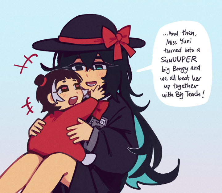 1boy, 1girl, aqua_eyes, baby, black_eyes, black_hair, black_hat, black_jacket, blue_background, blush, bow, bowtie, brother_and_sister, chayre5792, hat, hat_bow, heterochromia, hong_lu_(project_moon), jacket, jia_xichun_(project_moon), knees_up, limbus_company, limbus_kindergarten_uniform, open_mouth, project_moon, red_bow, red_bowtie, siblings, simple_background, sitting, smile