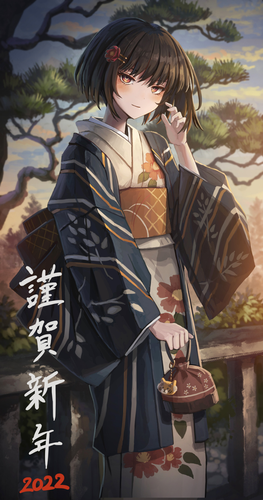 1girl, 2022, absurdres, black_hair, blurry, blurry_background, blush, charm_(object), commentary_request, hair_ornament, hairpin, happy_new_year, highres, holding, holding_kinchaku, japanese_clothes, kimono, kinchaku, looking_at_viewer, obi, original, outdoors, pouch, railing, ram-a, red_eyes, sash, short_hair, smile, solo, standing, translation_request, tree, yukata