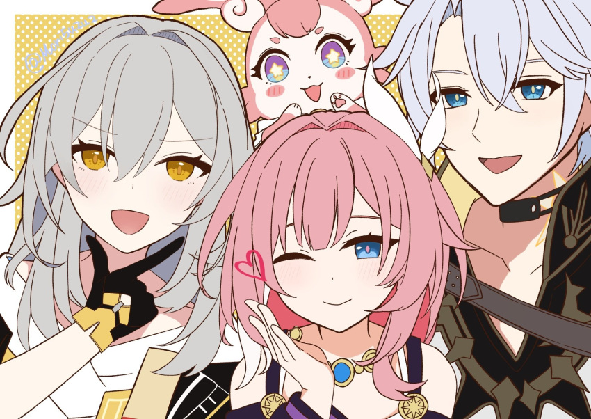 1boy, 2girls, ;), black_gloves, blue_eyes, border, commentary_request, cyrene_(honkai:_star_rail), cyrene_(philia093)_(honkai:_star_rail), dual_persona, gloves, grey_hair, highres, honkai:_star_rail, honkai_(series), jewelry, mem_(honkai:_star_rail), mori5uzu, multicolored_hair, multiple_girls, necklace, one_eye_closed, phainon_(honkai:_star_rail), pink_hair, polka_dot, polka_dot_background, revision, short_hair, smile, stelle_(honkai:_star_rail), trailblazer_(honkai:_star_rail), two-tone_hair, white_border, white_hair, yellow_eyes