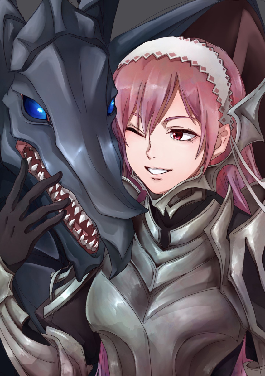 1girl, armor, black_gloves, blue_eyes, breastplate, cherche_(fire_emblem), commentary_request, double-parted_bangs, dragon, fire_emblem, fire_emblem_awakening, frilled_hairband, frills, gloves, hair_between_eyes, hairband, highres, long_hair, minerva_(fire_emblem_awakening), one_eye_closed, parted_lips, pauldrons, pink_hair, red_eyes, shoulder_armor, smile, solo, sturm_fe_k11, vambraces, white_hair