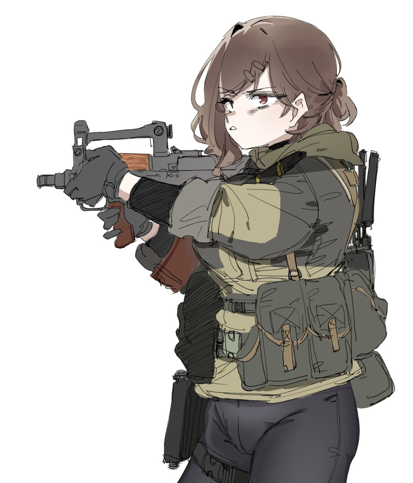 1girl, :/, aiming, assault_rifle, belt, black_pants, brown_eyes, brown_hair