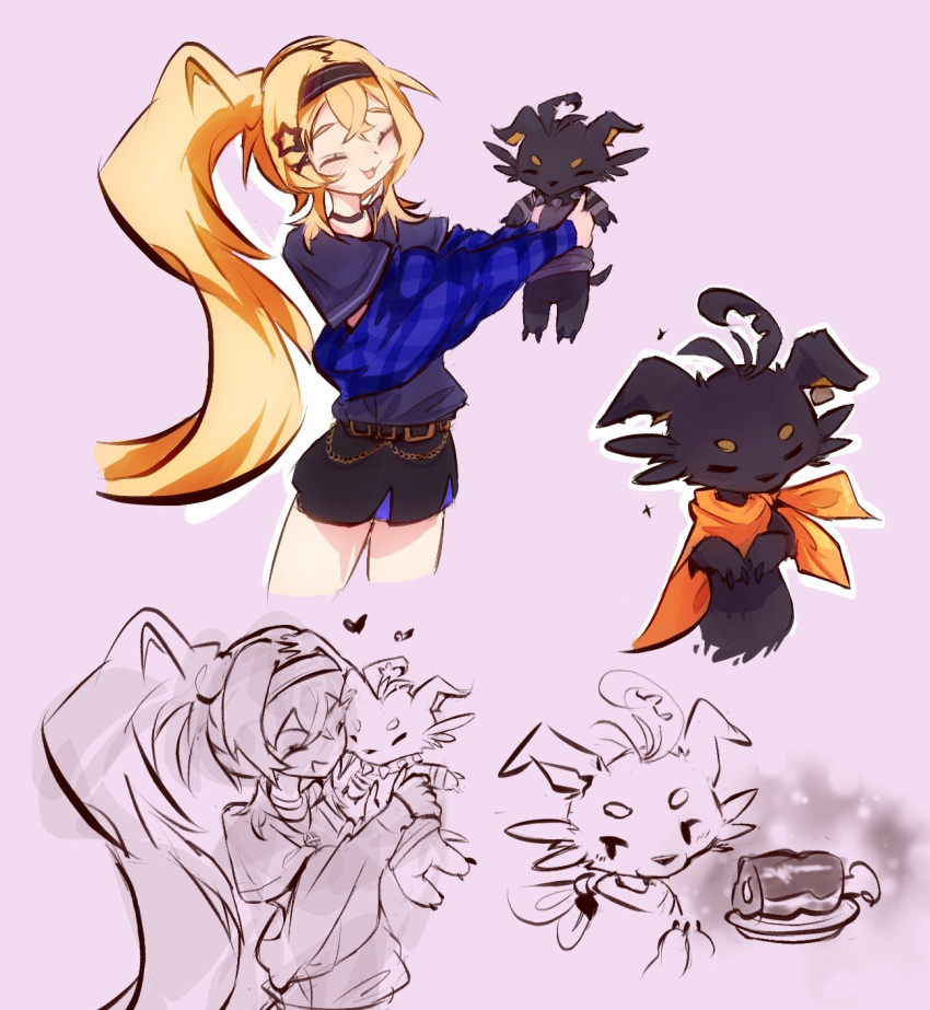 1girl, ahoge, animal, black_choker, black_headband, black_shirt, black_shorts, blonde_hair