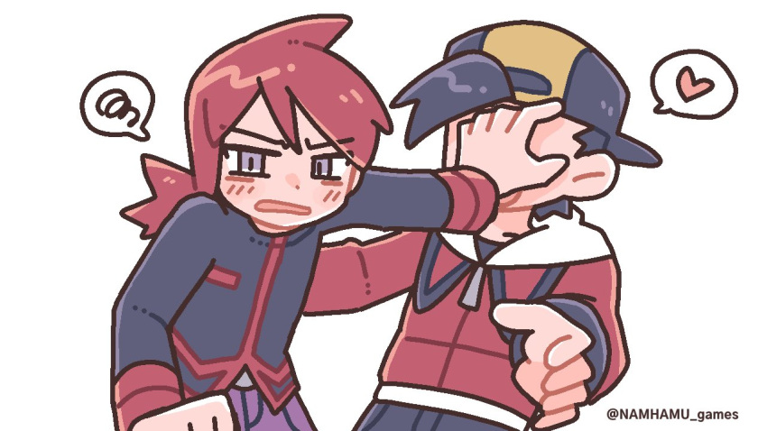 2boys, backwards_hat, baseball_cap, black_hair, black_pants, black_shirt, blush, commentary_request, cowboy_shot, dot_nose, embarrassed, ethan_(pokemon), grey_eyes, hair_between_eyes, hand_on_another's_face, hat, heart, hood, hooded_jacket, jacket, kuki_hamu21, long_hair, looking_to_the_side, male_focus, multiple_boys, open_mouth, outstretched_arm, pants, pokemon, pokemon_heartgold_and_soulsilver, purple_pants, red_hair, red_jacket, shirt, silver_(pokemon), simple_background, speech_bubble, spoken_heart, spoken_squiggle, squiggle, white_background, zipper_pull_tab