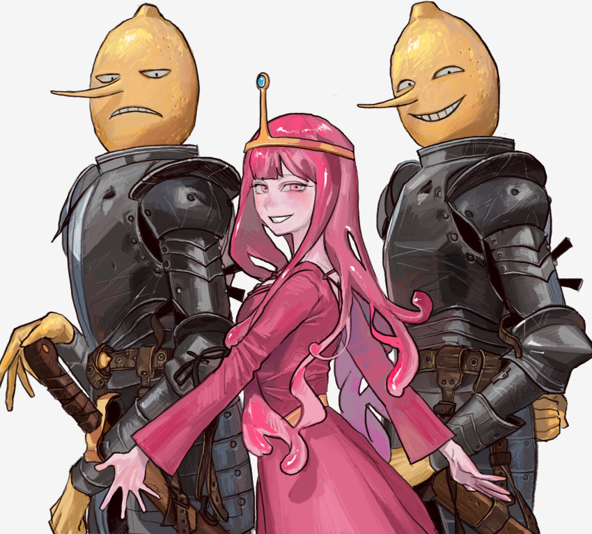 1girl, 2boys, adventure_time, armor, belt, blush, brown_belt, clone