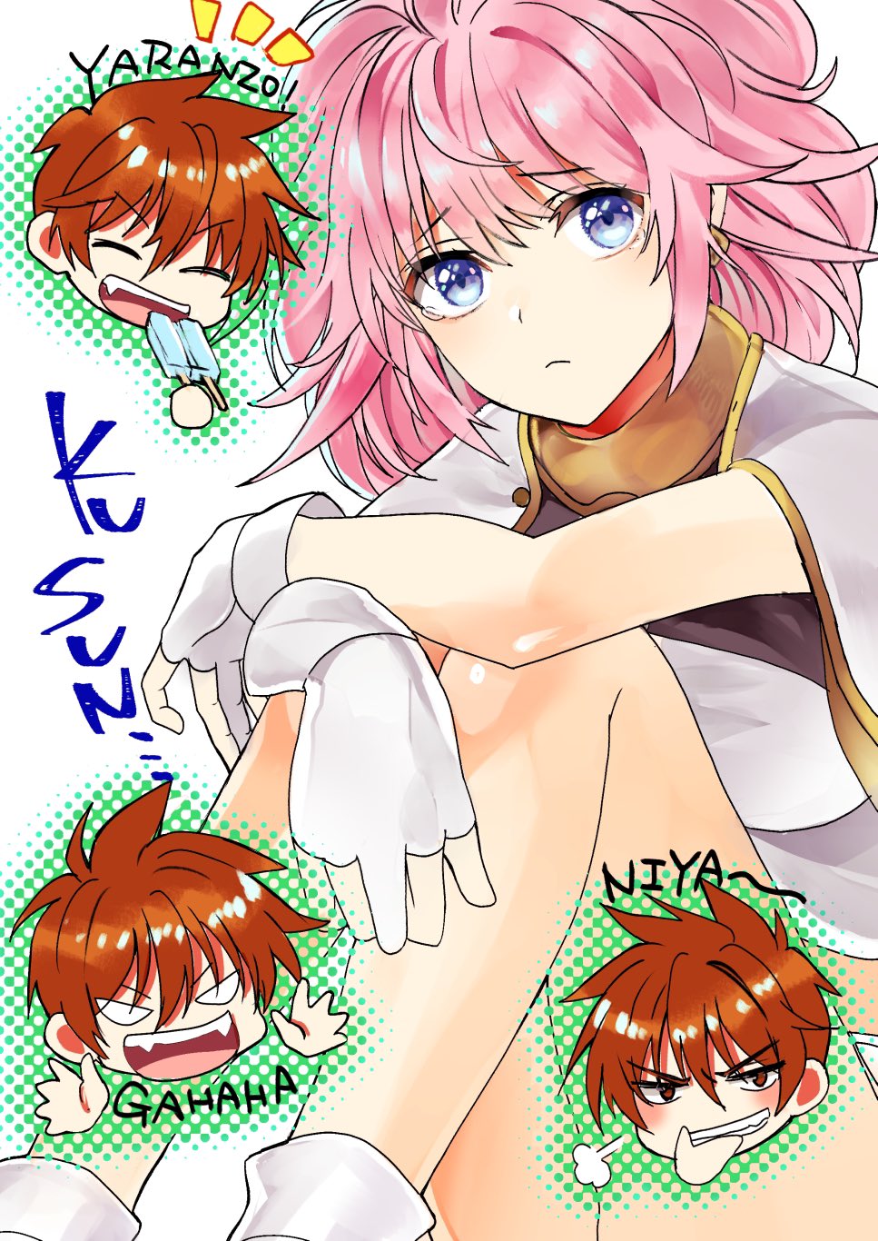 1boy, 1girl, blue_eyes, brown_eyes, brown_hair, capelet, chibi, chibi_inset