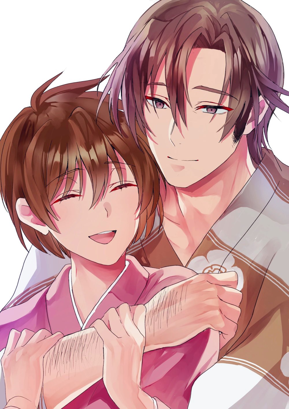 1boy, 1girl, aged_down, arm_hair, black_eyes, black_hair, brown_hair, brown_kimono