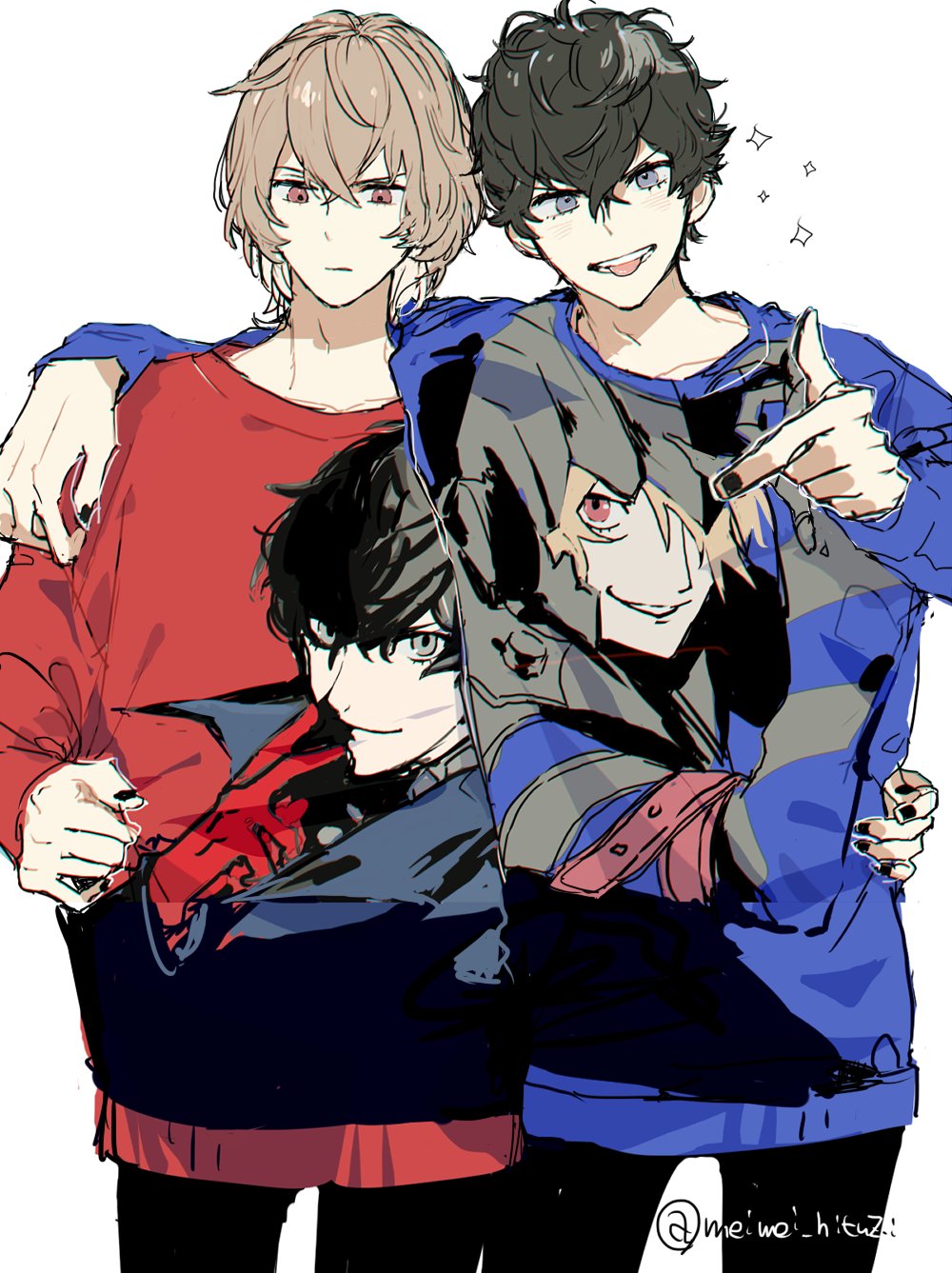 2boys, akechi_gorou, amamiya_ren, arm_around_another's_waist, arm_around_shoulder, arm_belt, black_hair, black_mask_(persona_5)