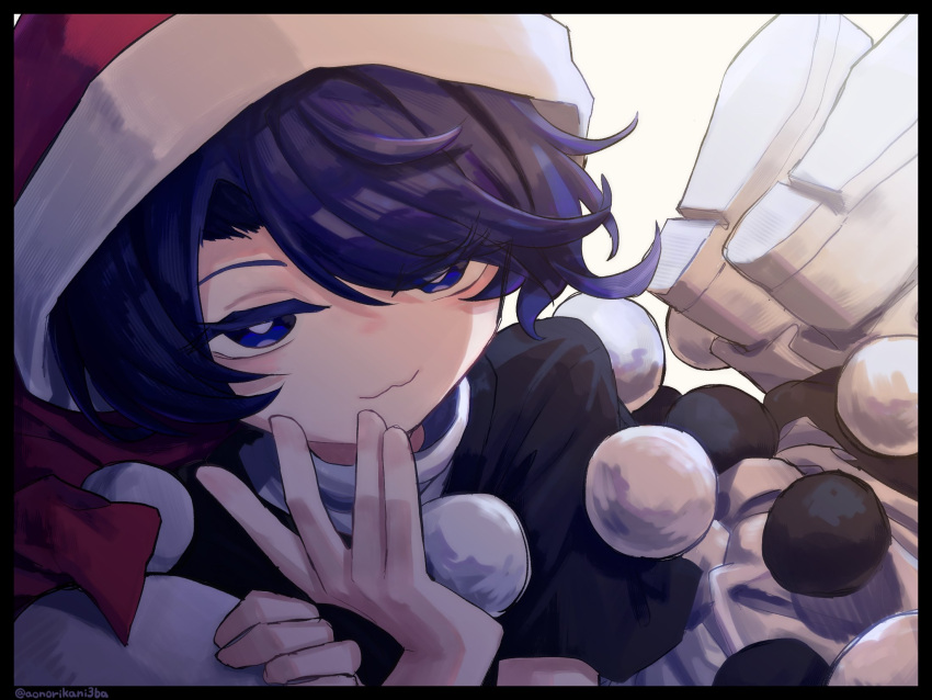 1girl, :3, aonorikani3ba, black_capelet, blue_eyes, blue_hair, boots, bright_pupils