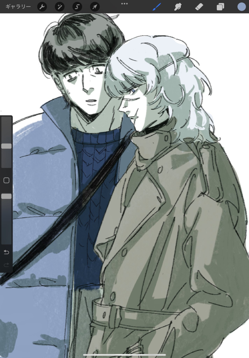 2boys, art_program_in_frame, badeni, bag, bags_under_eyes, black_hair, blonde_hair, blue_coat