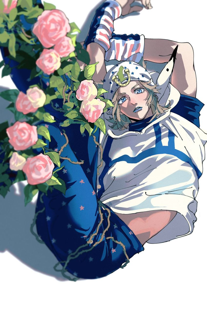 1boy, american_flag, american_flag_print, arm_warmers, arms_behind_head, beanie, blonde_hair, blue_eyes