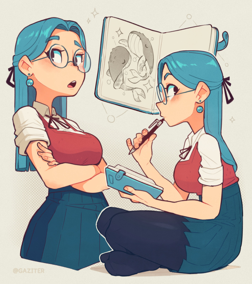 1girl, absurdres, arms_under_breasts, artist_name, black_pantyhose, blue-framed_eyewear, blue_hair, blue_skirt
