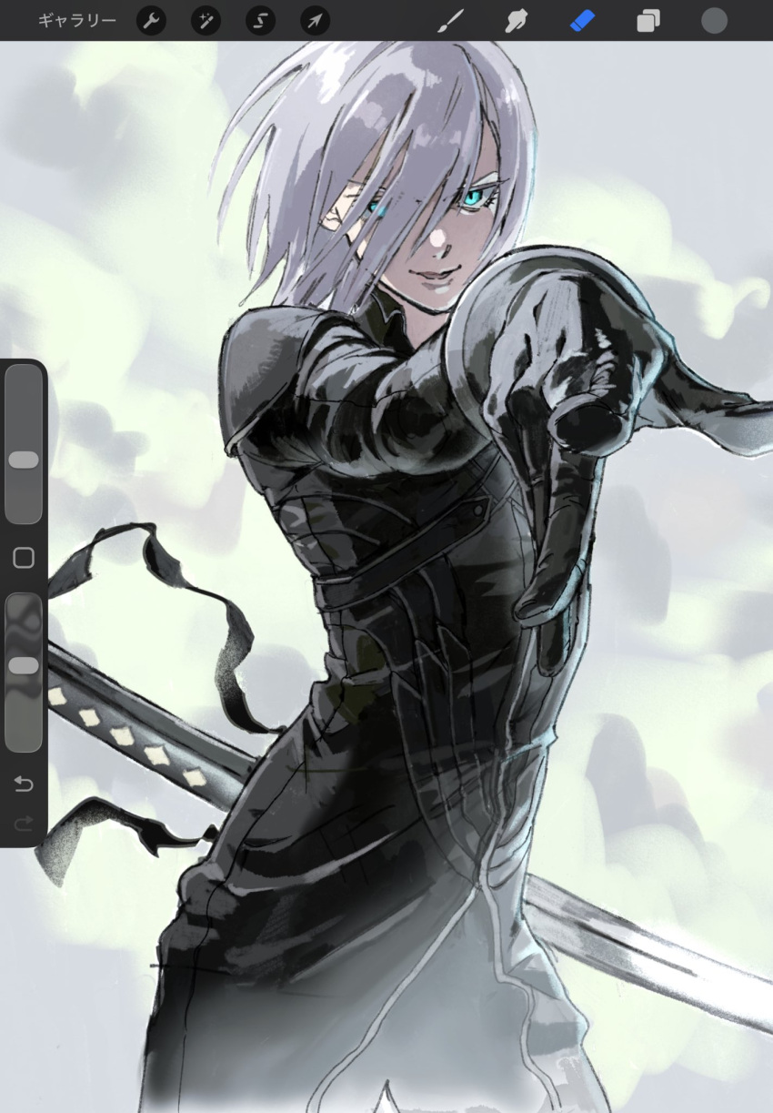 1boy, aqua_eyes, art_program_in_frame, black_bodysuit, black_gloves, bodysuit, commentary, cowboy_shot