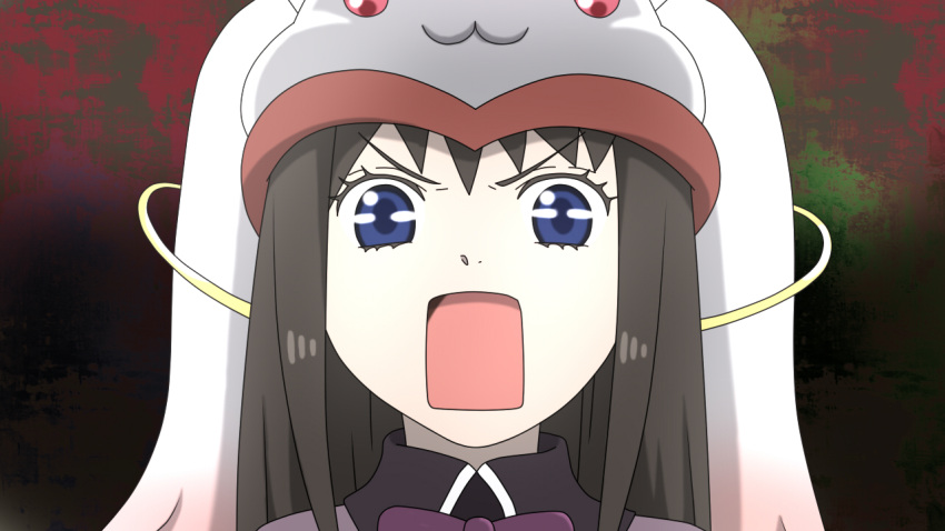 :3, :o, akemi_homura, animal_hat, black_hair, blue_eyes, cosplay, hat