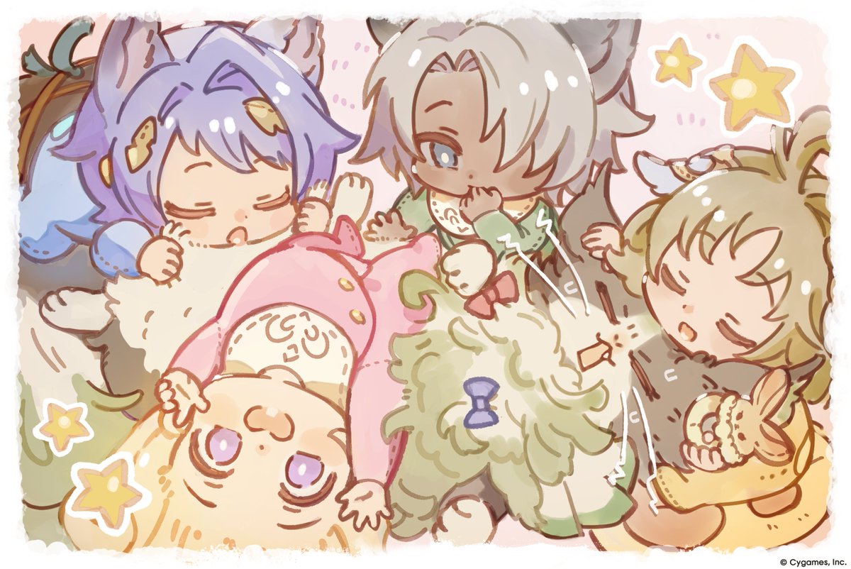 2boys, 3girls, =_=, aged_down, animal_ears, baby, bhaisa_(granblue_fantasy), bib